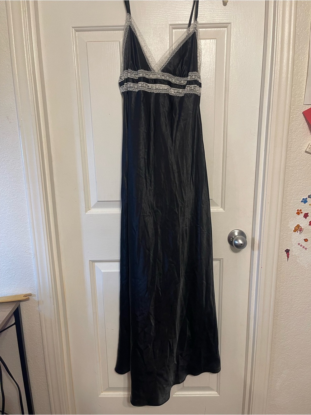 Black Satin Lace-Trim Slip Dress floor length